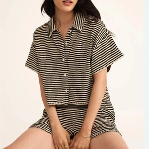 Z Supply Monaco Black and White Striped Crochet Button Up Shirt